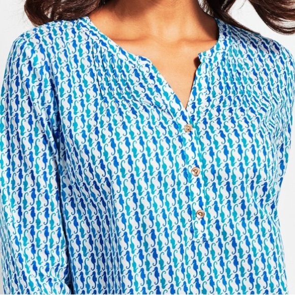 Talbots Blue Seahorse Pintuck Pop Over Tunic Blouse Size M - Picture 5 of 11